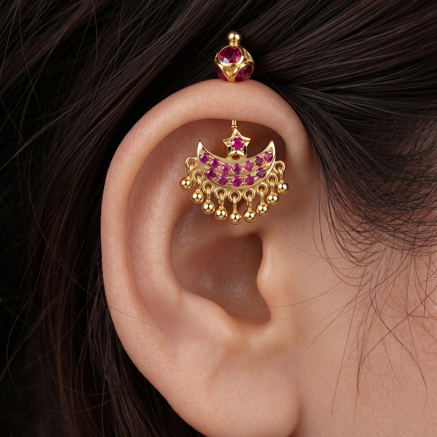 Silver Bugadi Star Moon Stone & Drop Stone Ball Bead Top Gold Design