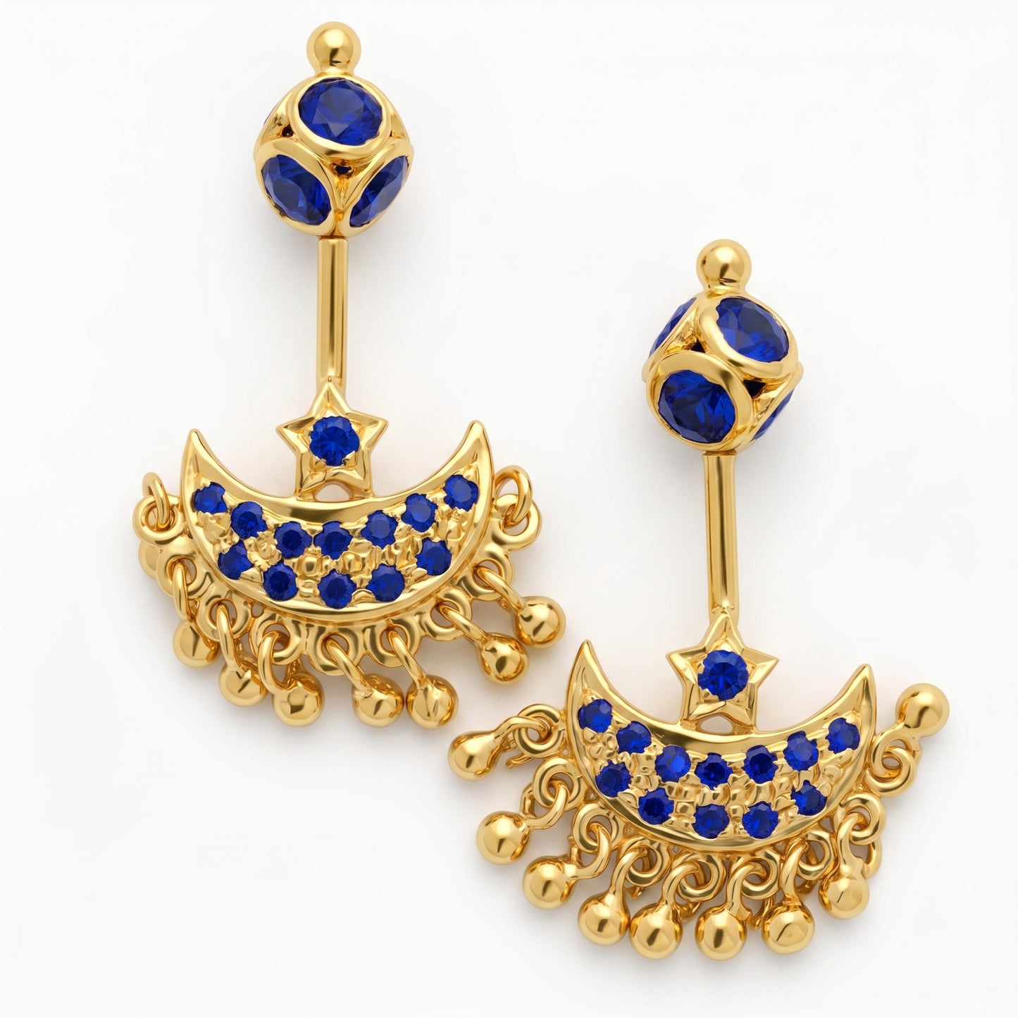 Silver Bugadi Star Moon Stone & Drop Stone Ball Bead Top Gold Design
