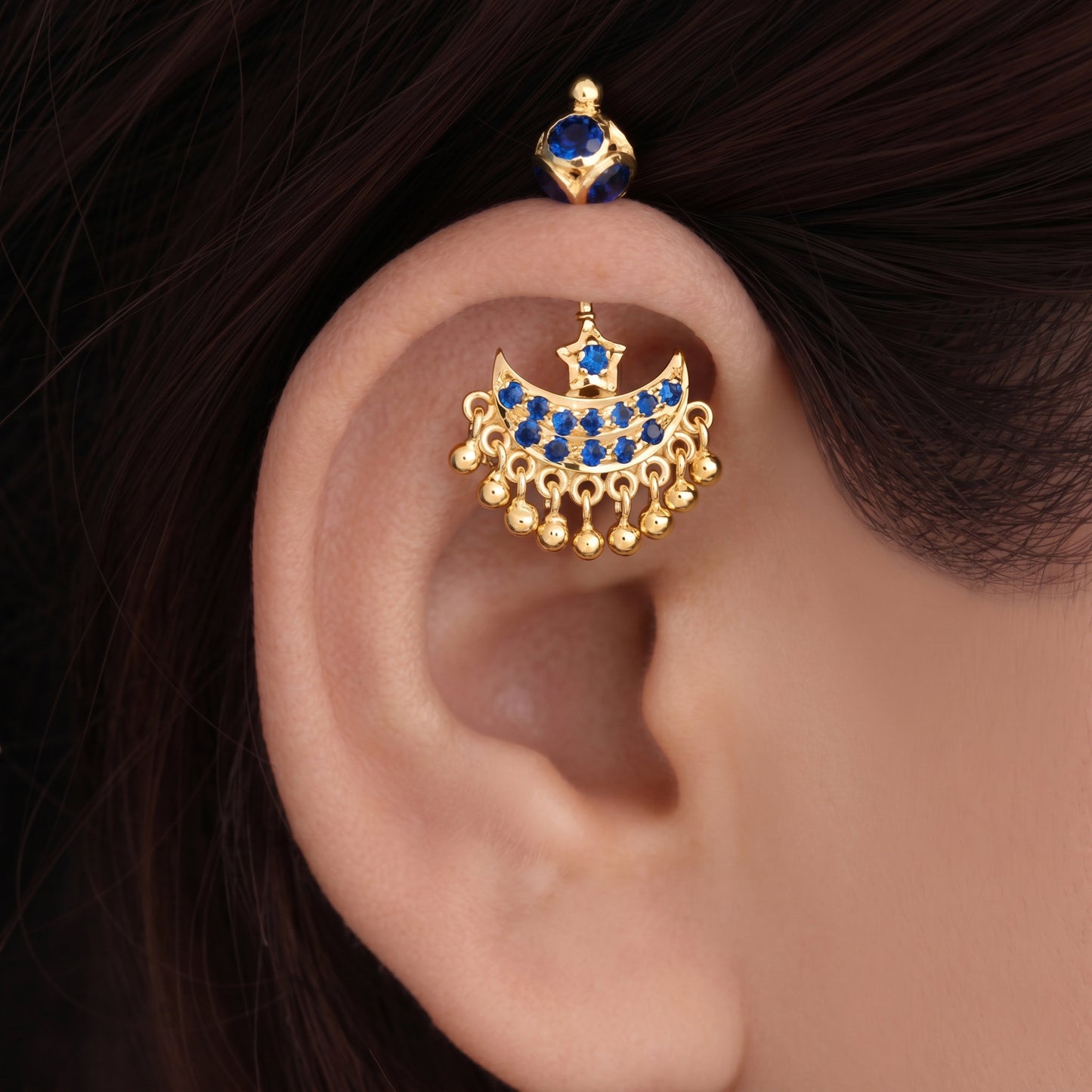 Silver Bugadi Star Moon Stone & Drop Stone Ball Bead Top Gold Design