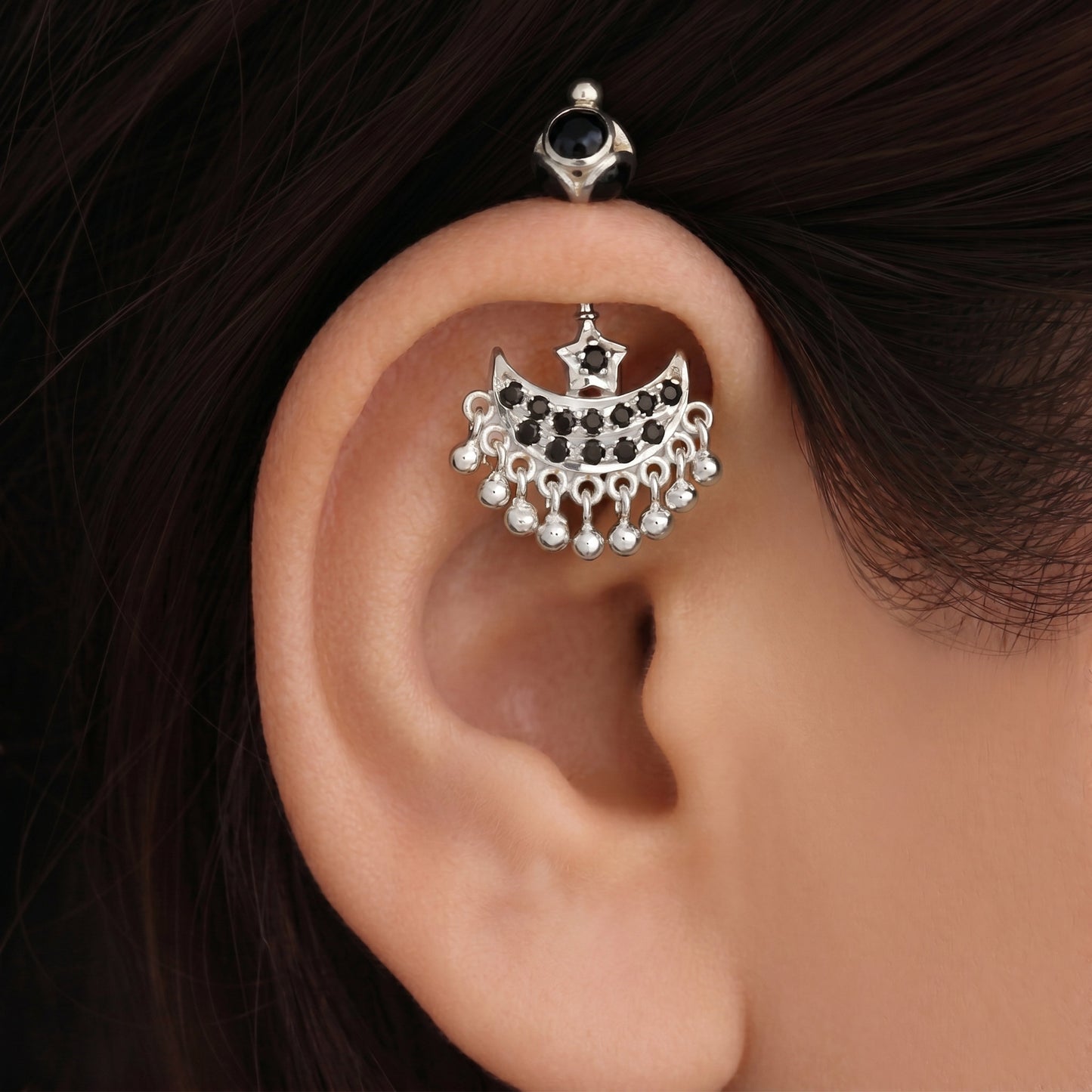 Silver Bugadi Star Moon Stone & Drop Stone Ball Bead Top Gold Design