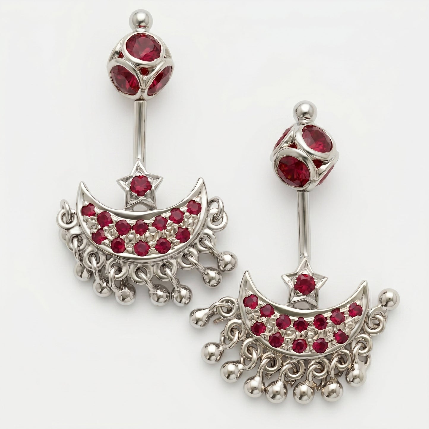 Silver Bugadi Star Moon Stone & Drop Stone Ball Bead Top Gold Design