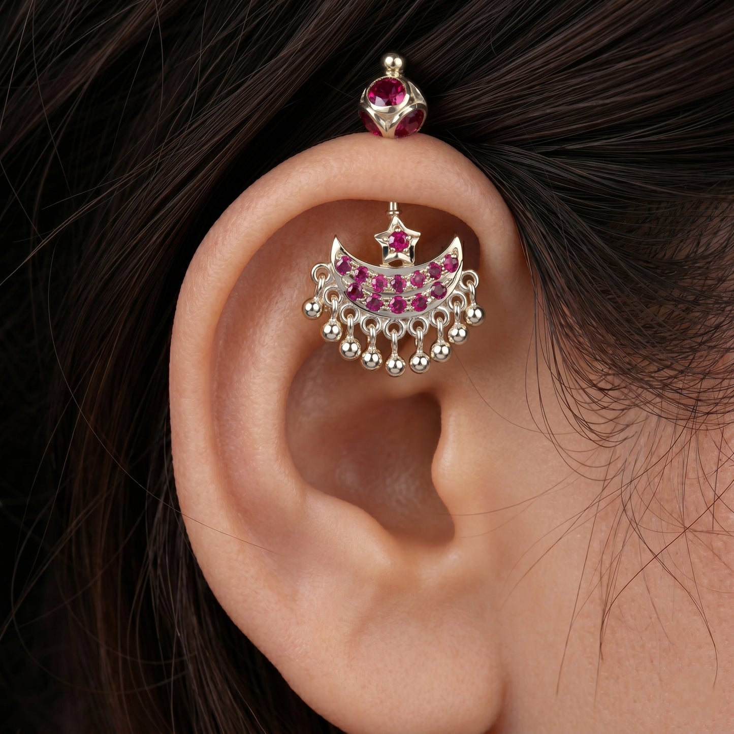 Silver Bugadi Star Moon Stone & Drop Stone Ball Bead Top Gold Design