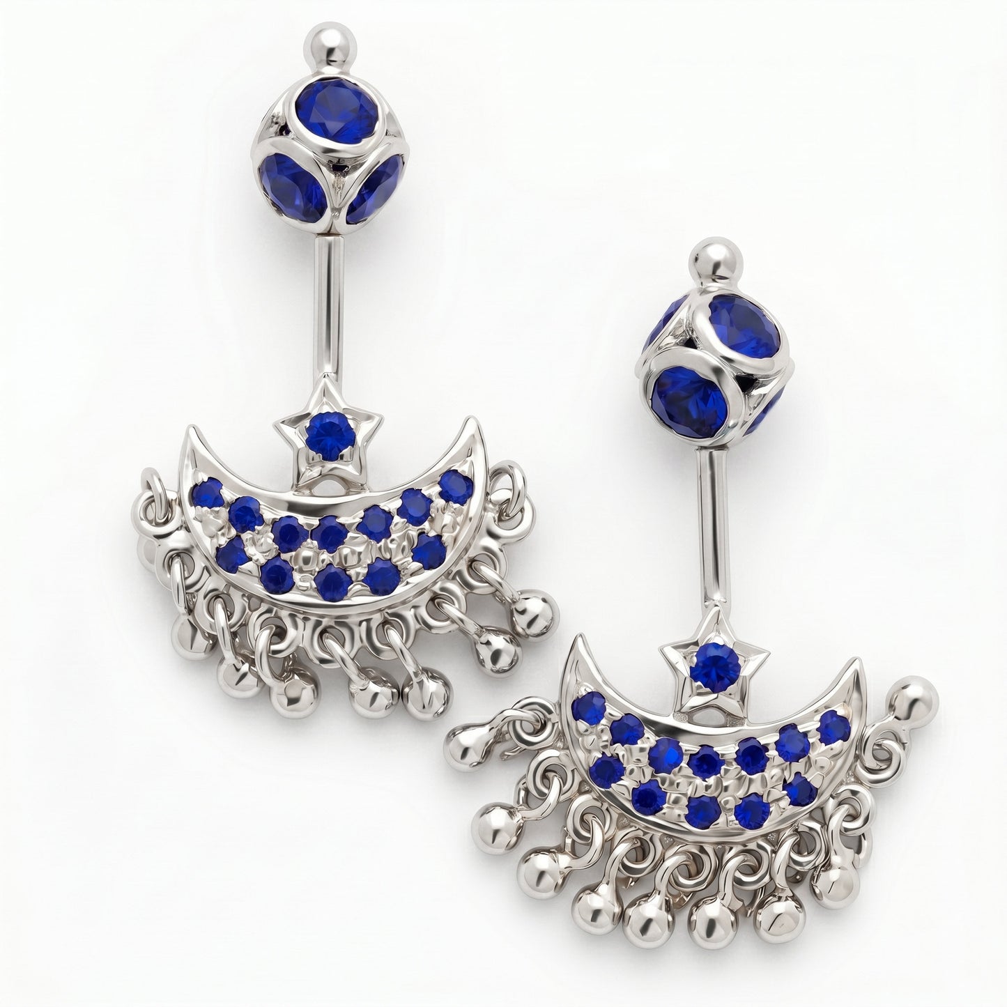 Silver Bugadi Star Moon Stone & Drop Stone Ball Bead Top Gold Design
