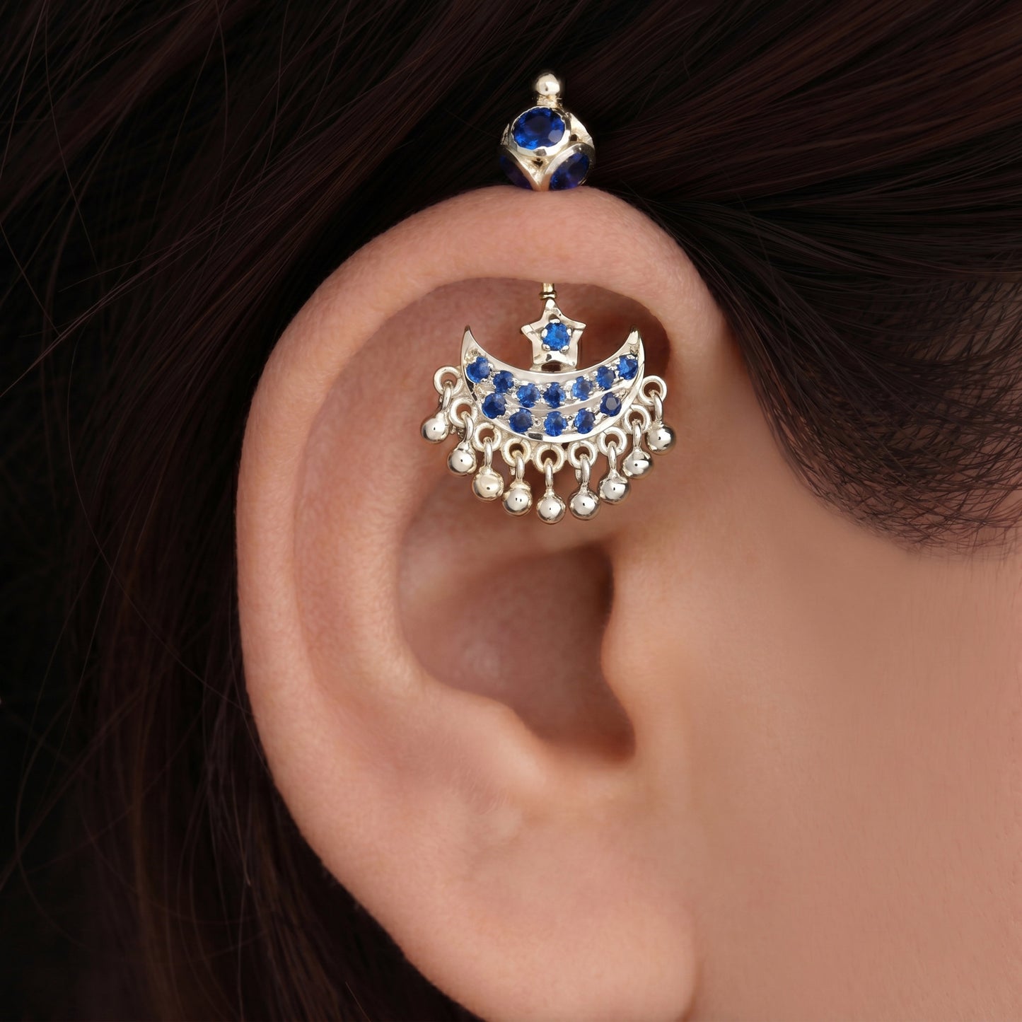 Silver Bugadi Star Moon Stone & Drop Stone Ball Bead Top Gold Design