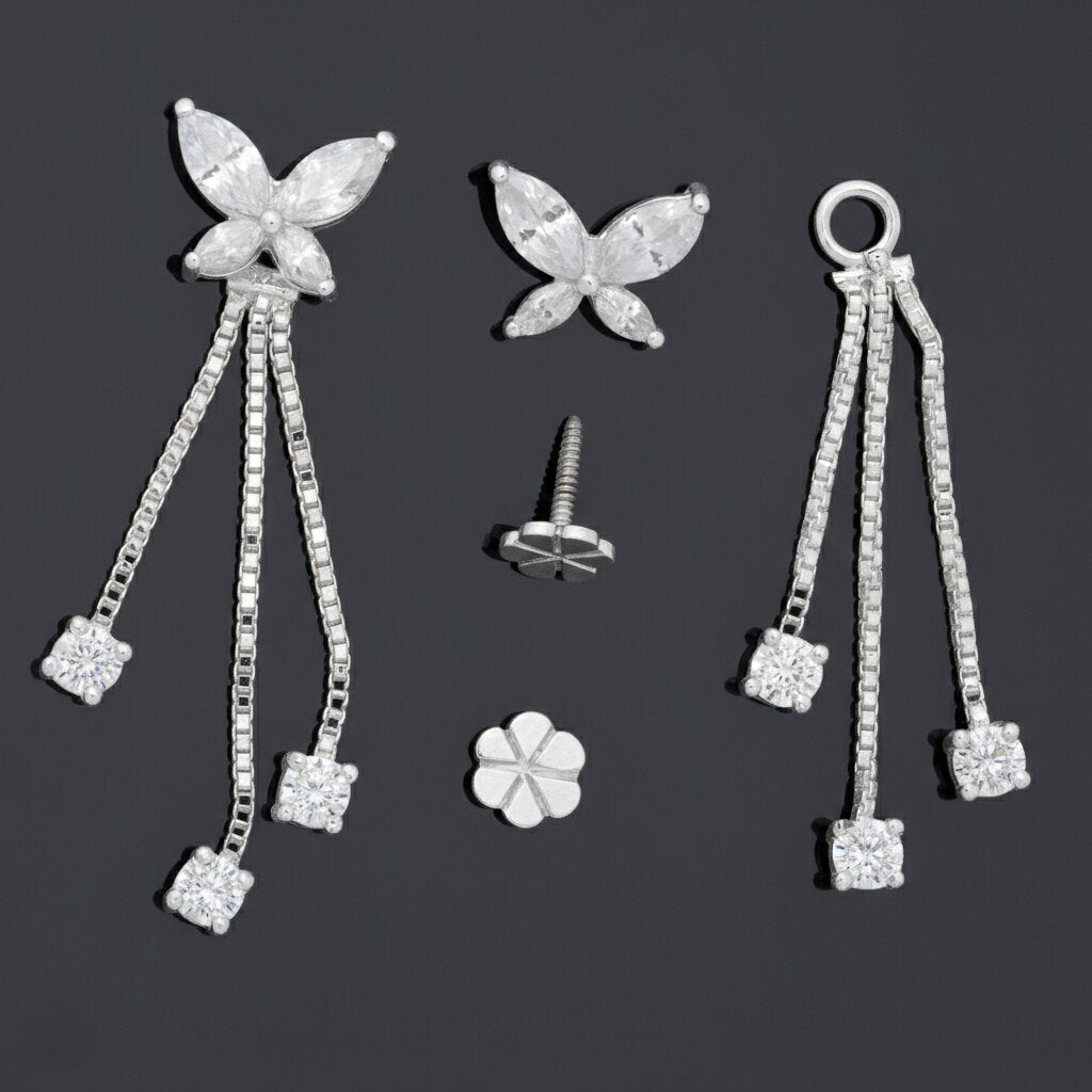Silver Butterfly With Dangles Earrings