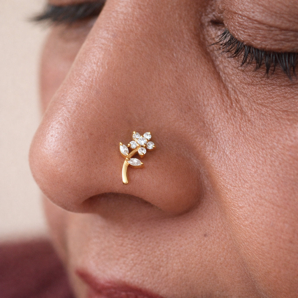 Silver Crystal Floral Stem Nosepin