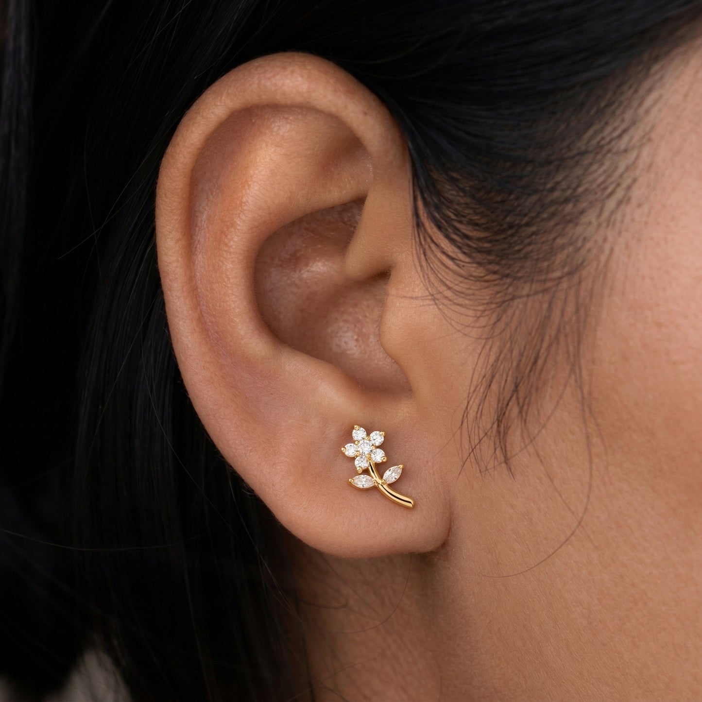 Silver Crystal Floral Stem Stud Earrings
