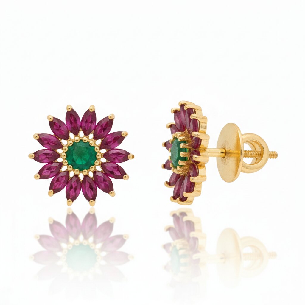 Silver Dahlia Emerald Red Earrings