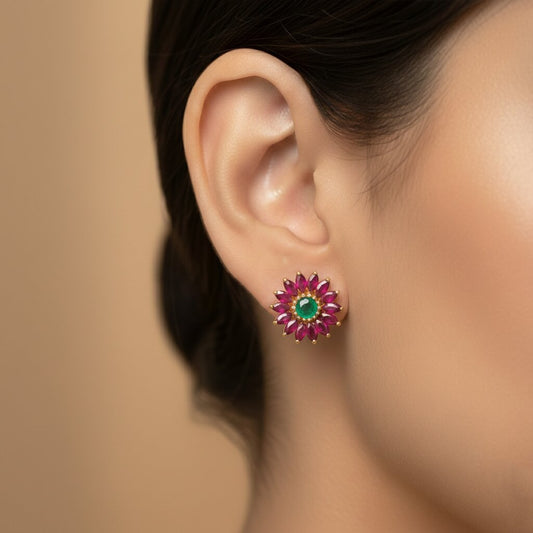 Silver Dahlia Emerald Red Earrings