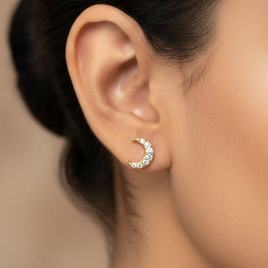 Silver Diamond Moon Earrings