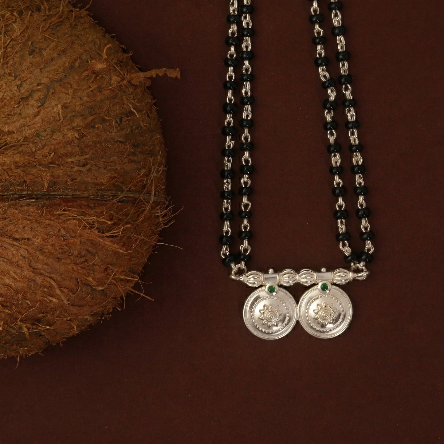 Silver Double Coin Vati Green Stone Traditional Mangalsutra
