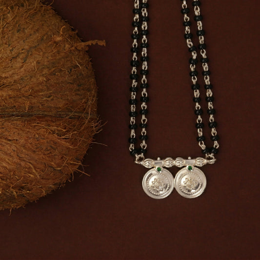 Silver Double Coin Vati Green Stone Traditional Mangalsutra
