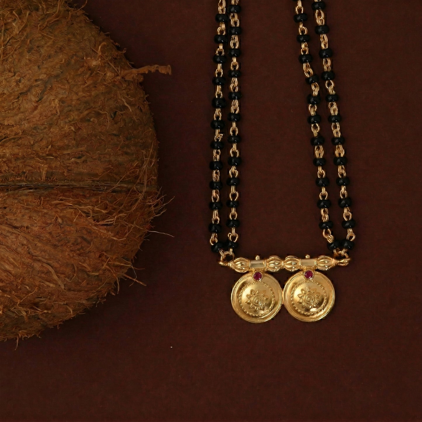 Silver Double Coin Vati Red Stone Traditional Mangalsutra