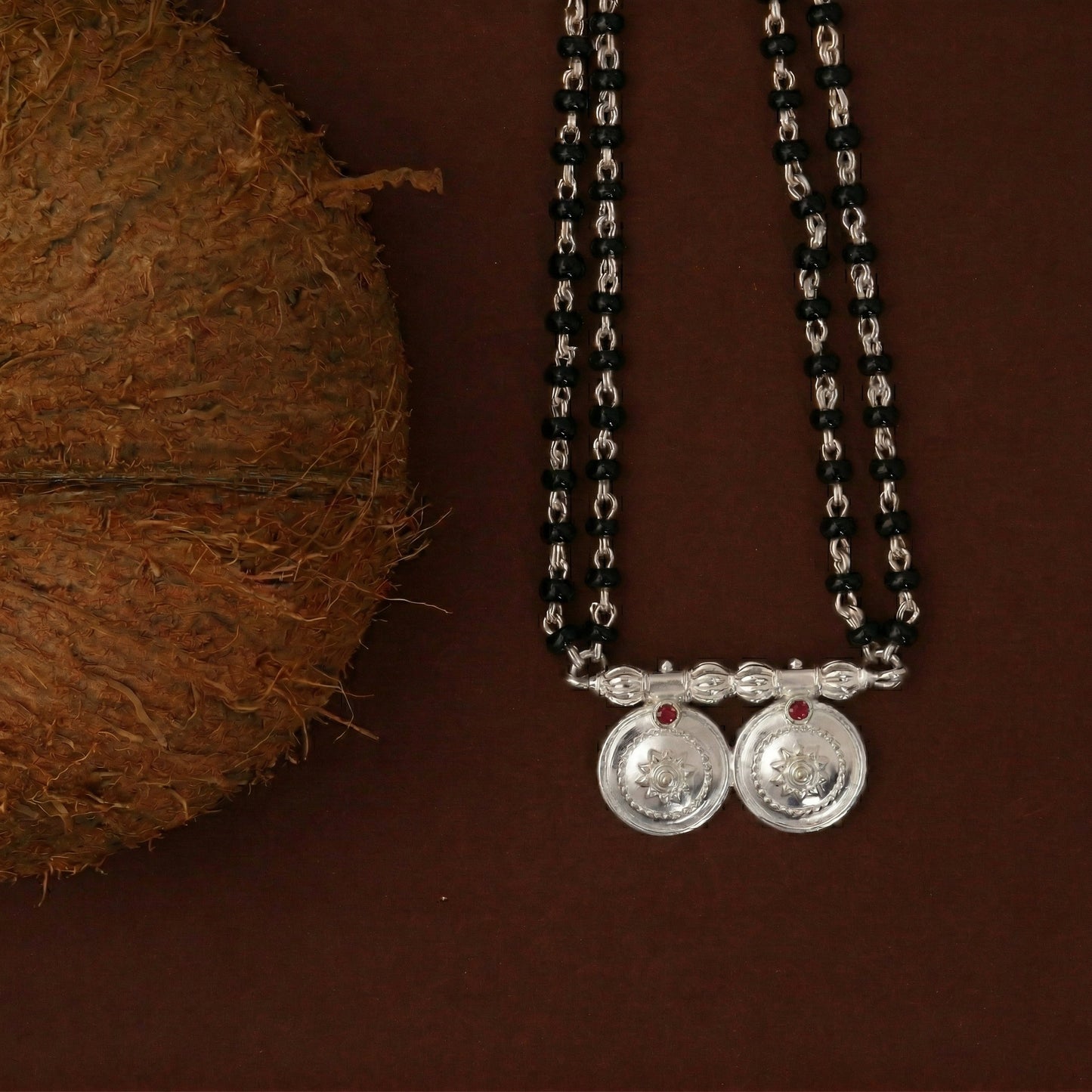 Silver Double Coin Vati Red Stone Traditional Mangalsutra