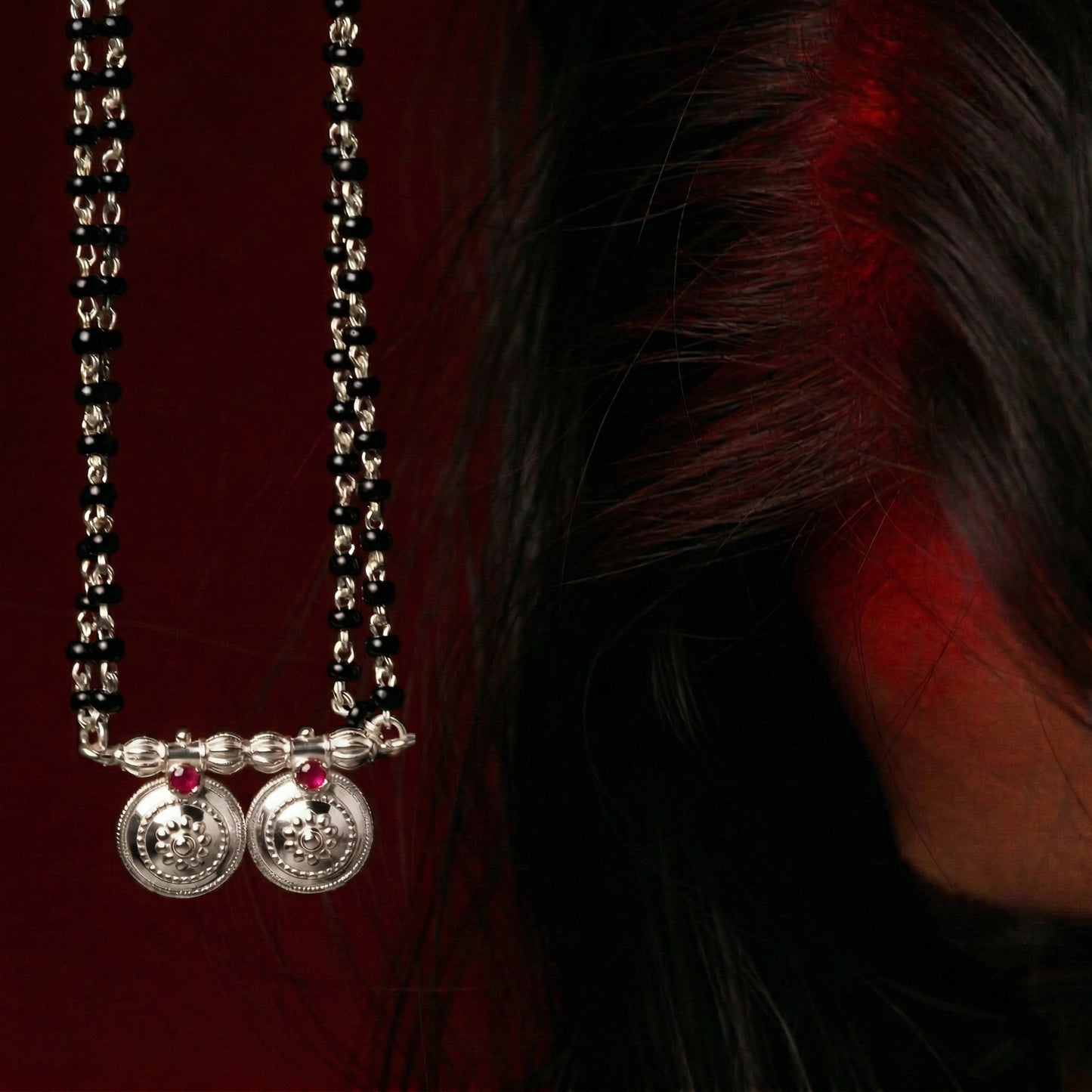 Silver Double Coin Vati Red Stone Traditional Mangalsutra
