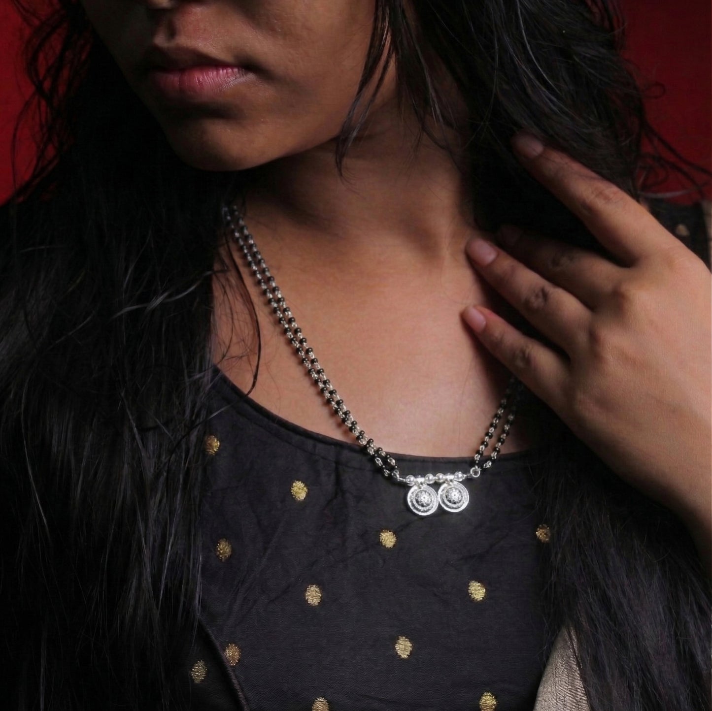 Silver Double Coin Vati Red Stone Traditional Mangalsutra