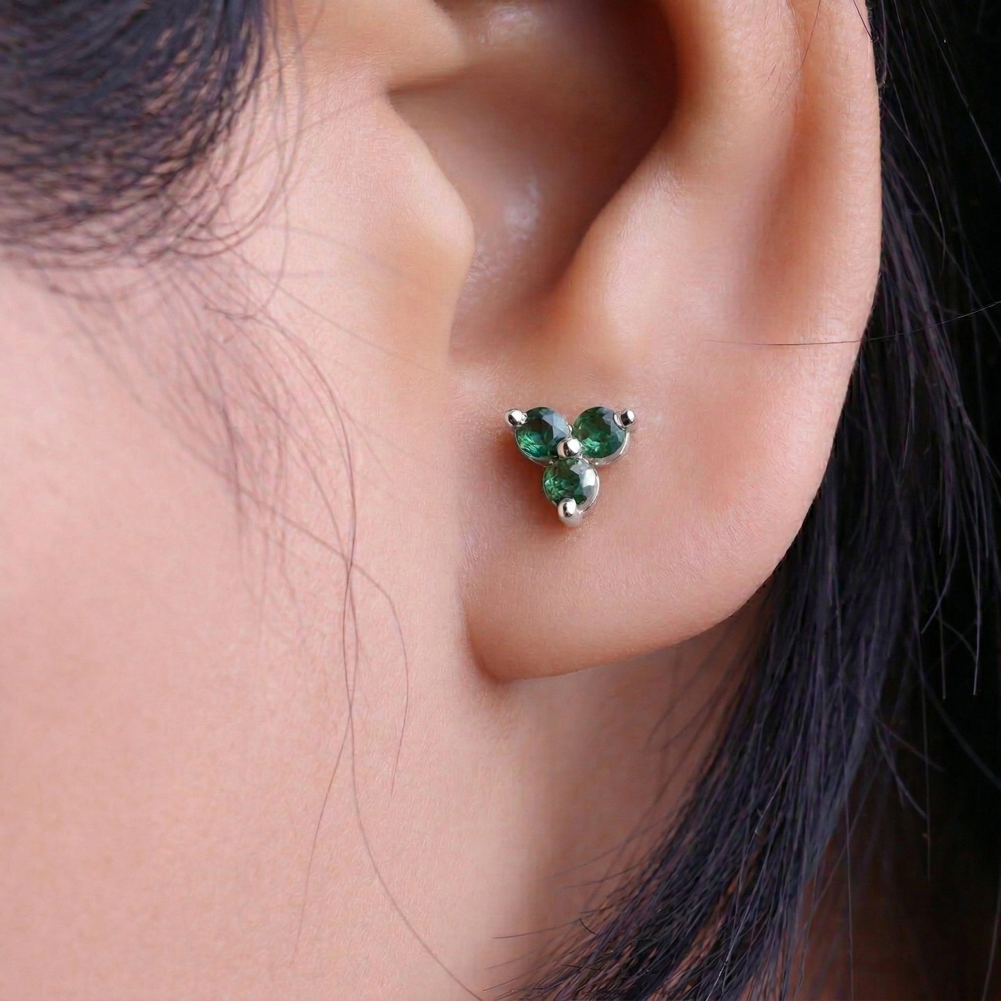 Silver Emerald Green Stone Trinity Earrings