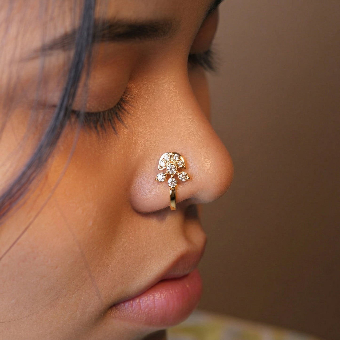 Silver Flower Leaf Crystal Clipon Nosepin