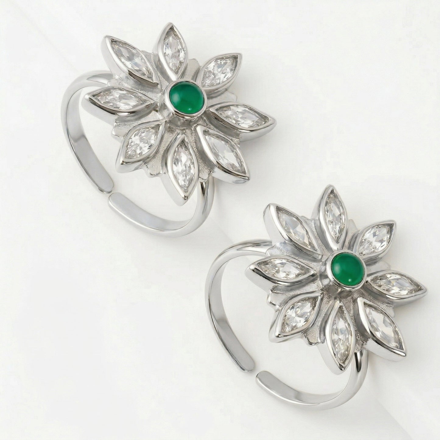 Silver Toe Ring Flower Sunburst Emerald Green & Diamond Design