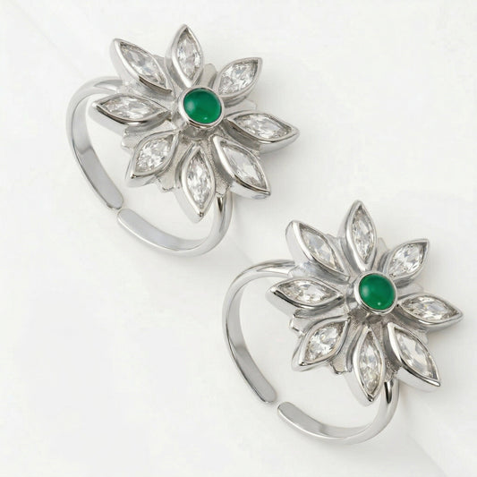 Silver Toe Ring Flower Sunburst Emerald Green & Diamond Design
