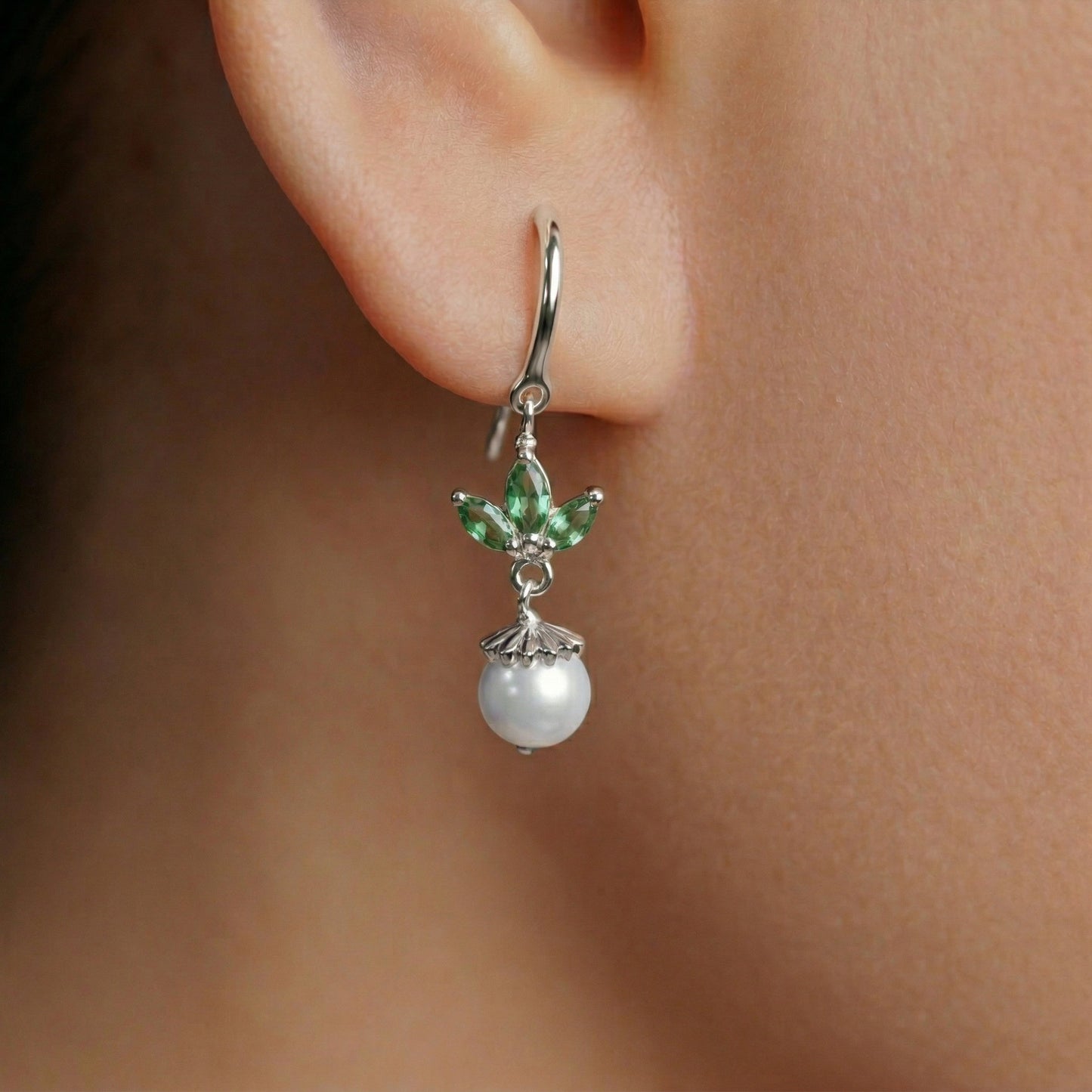 Silver Green Leaf Pearl Drop Earrings