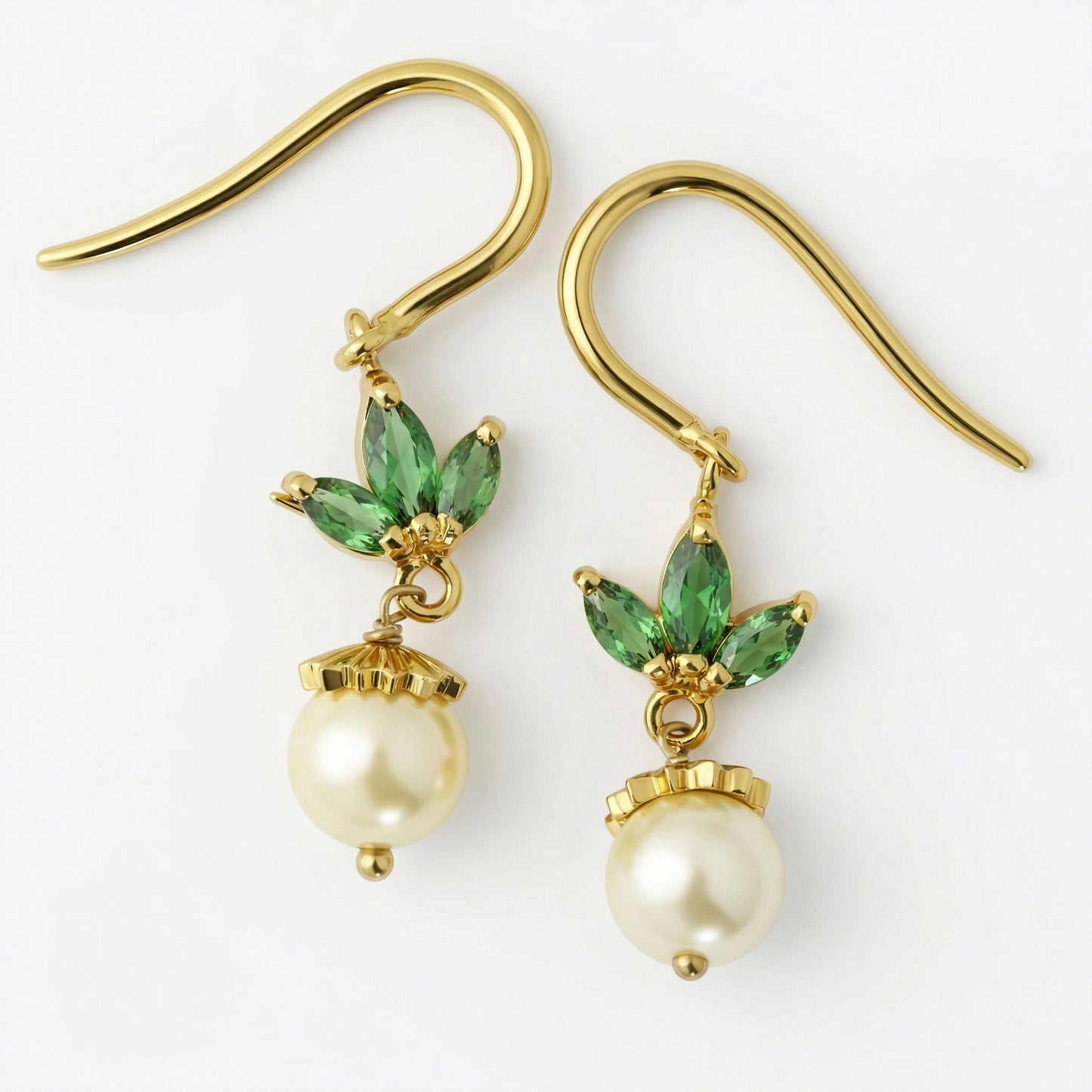 Silver Green Leaf Pearl Drop Earrings