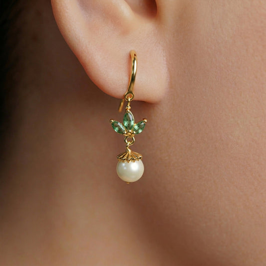 Silver Green Leaf Pearl Drop Earrings