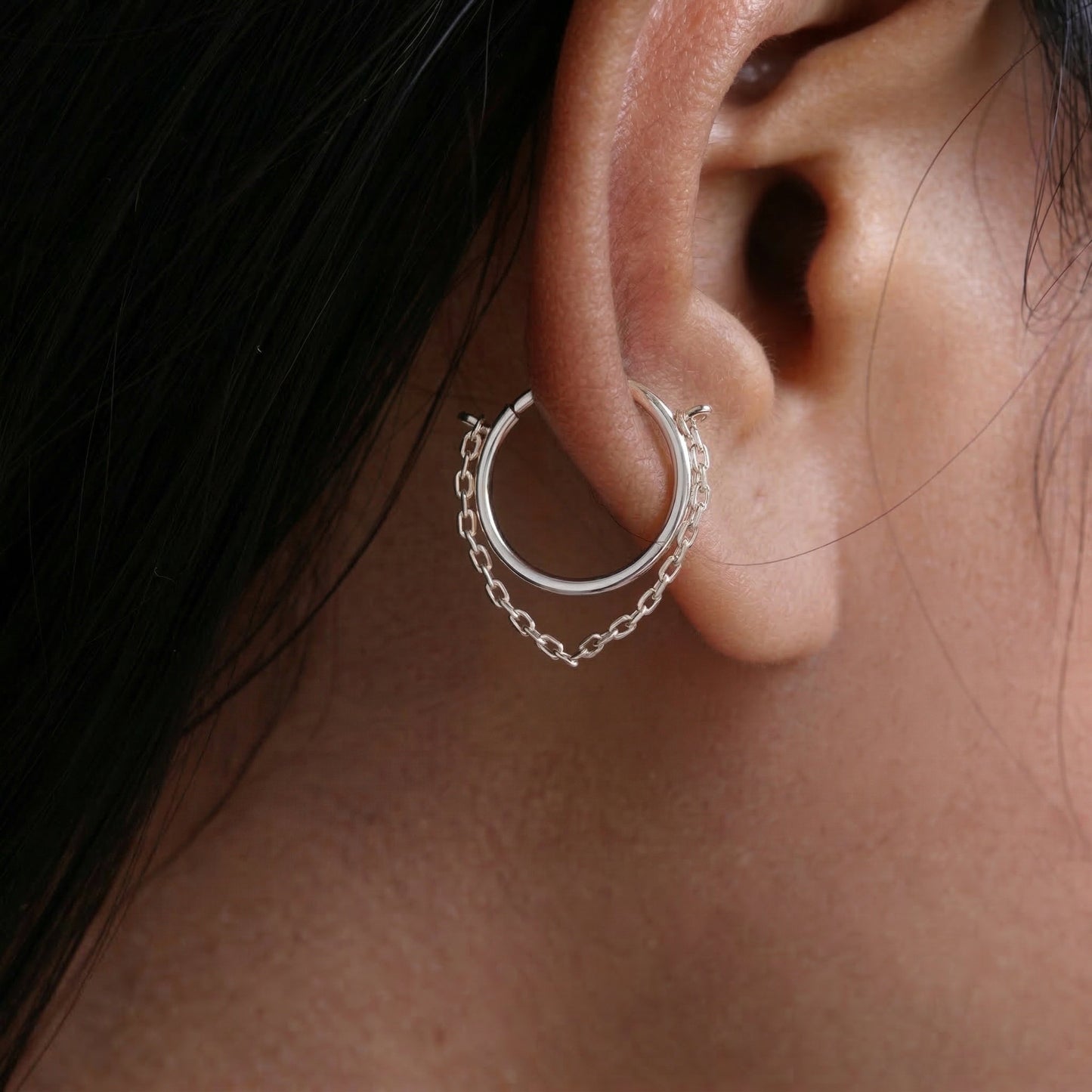 Silver Ear Hoop Plain & Chain Design