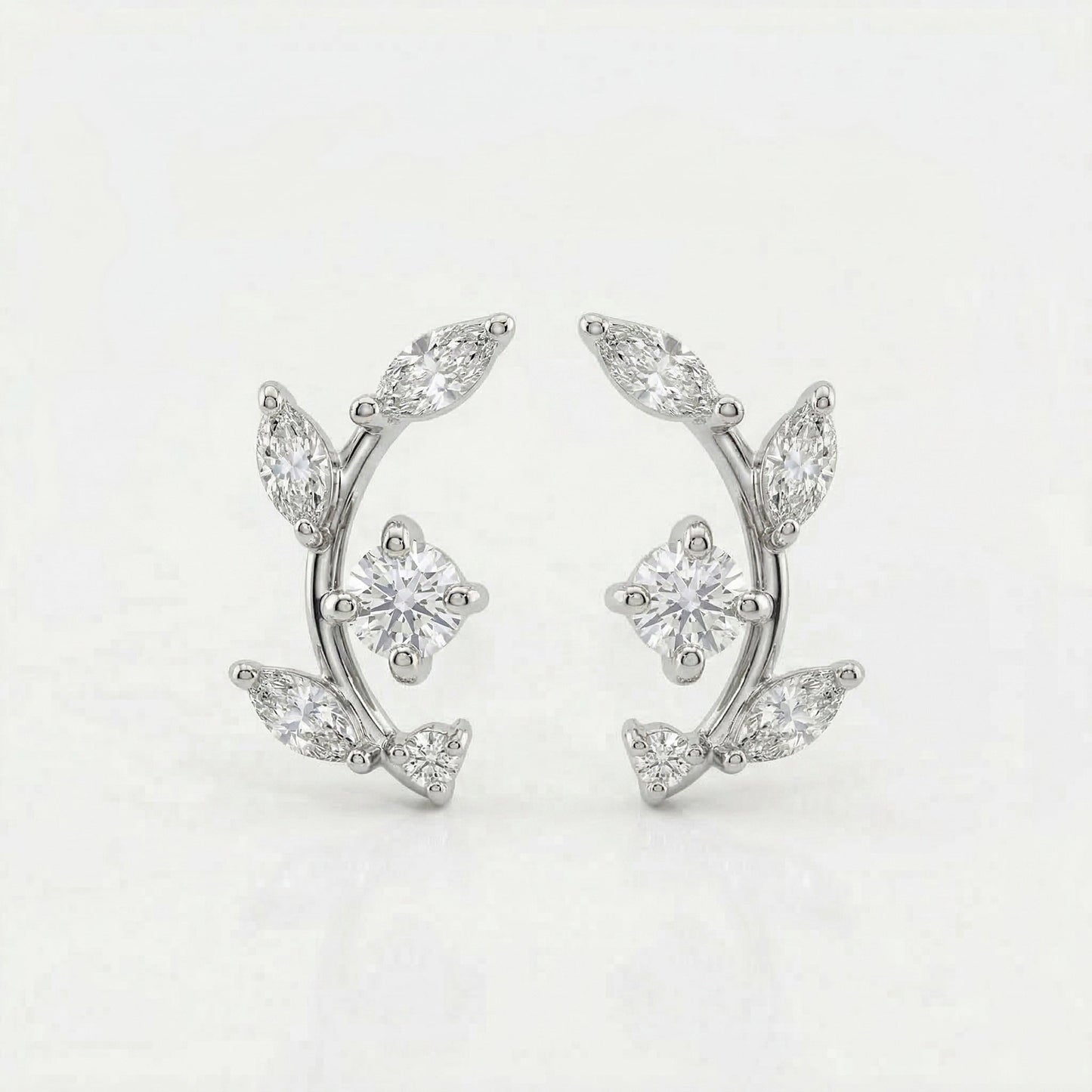 Silver Marquis Leaf Climber Stud Earrings