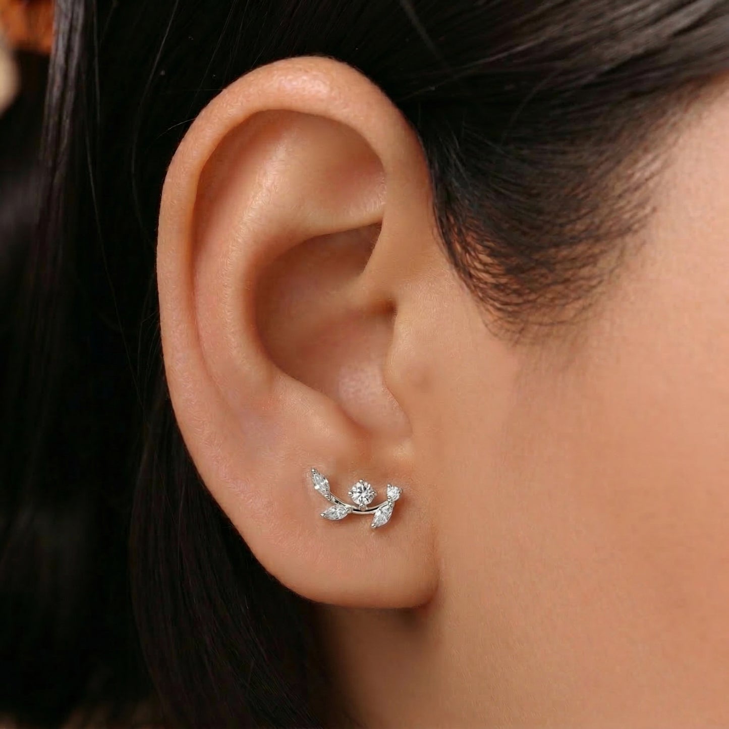 Silver Marquis Leaf Climber Stud Earrings