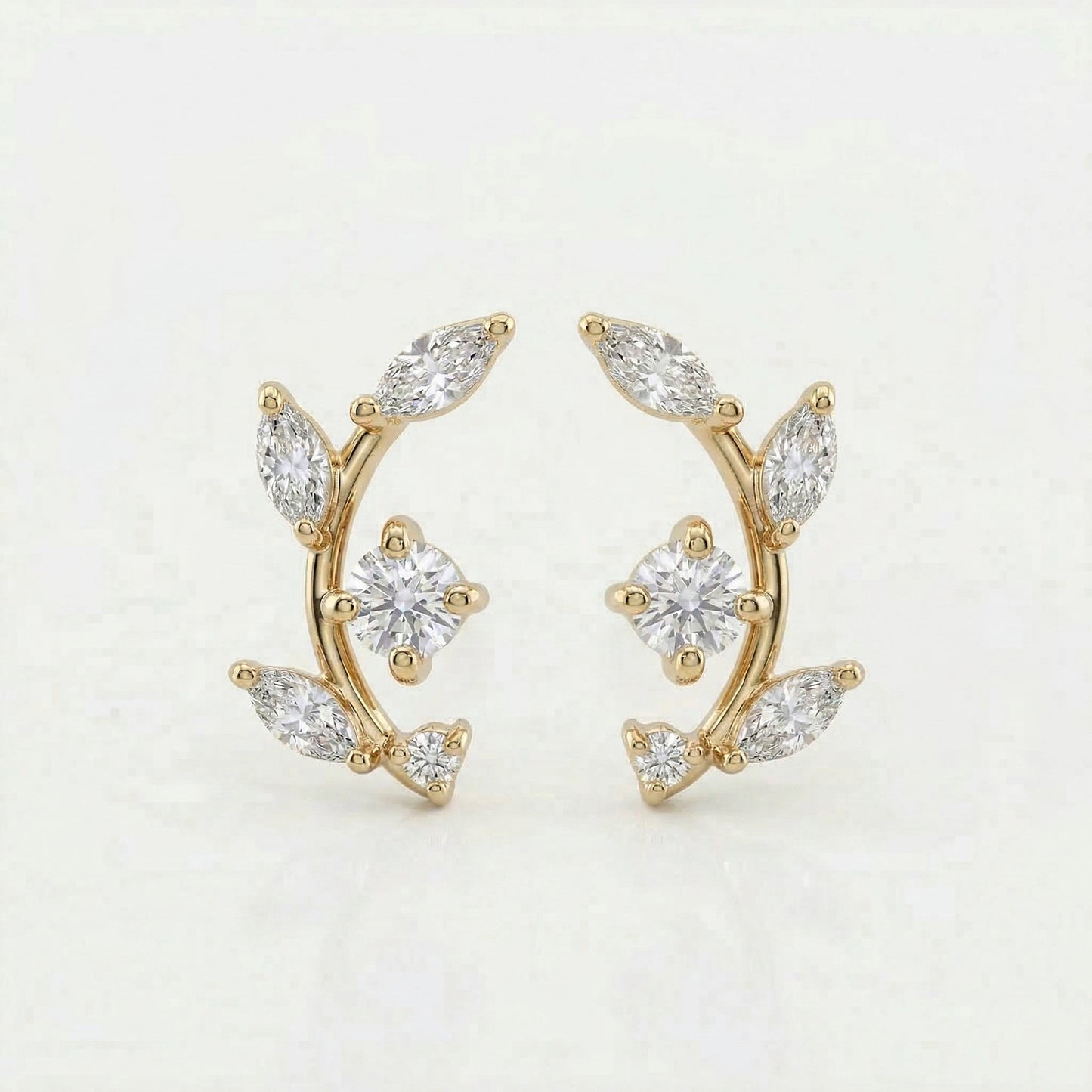 Silver Marquis Leaf Climber Stud Earrings