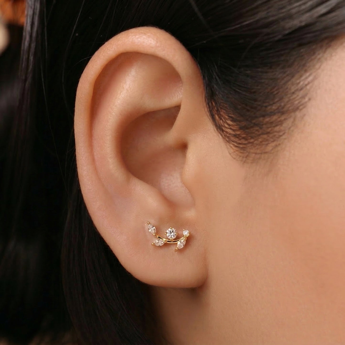 Silver Marquis Leaf Climber Stud Earrings