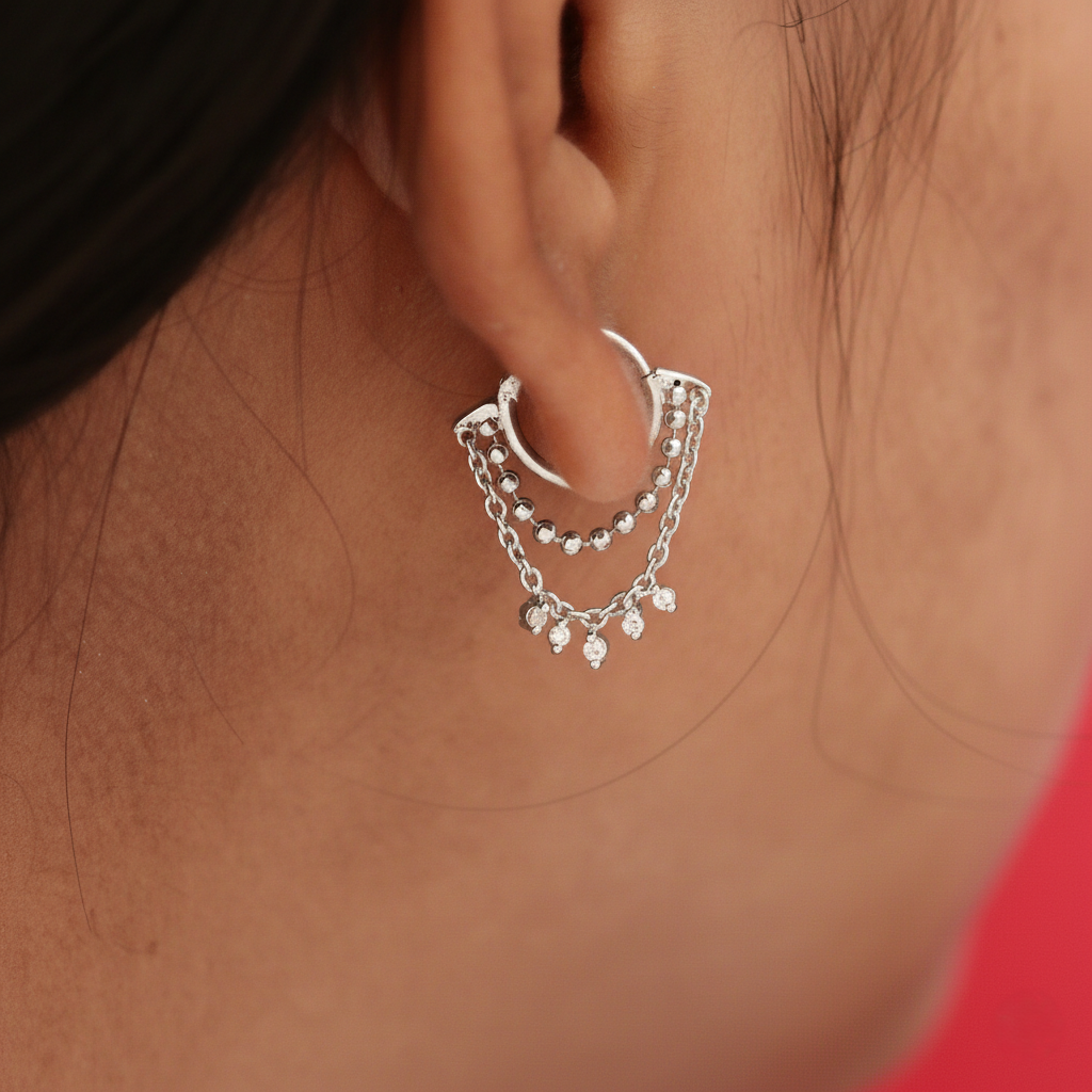 Silver Ear Hoop Moonlit Rain & Chain Design