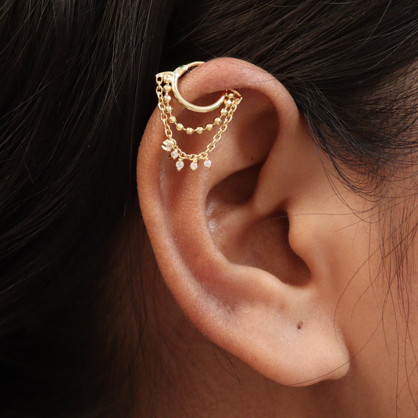 Silver Ear Hoop Moonlit Rain & Chain Design