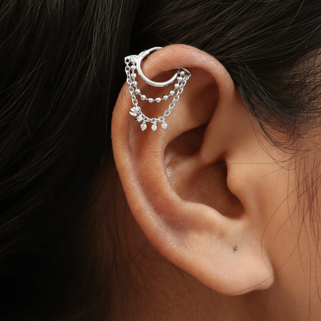 Silver Ear Hoop Moonlit Rain & Chain Design