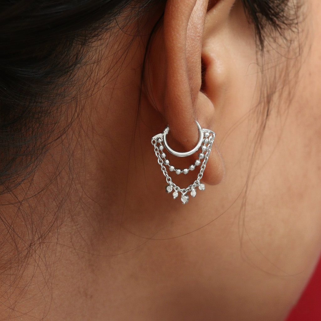 Silver Ear Hoop Moonlit Rain & Chain Design