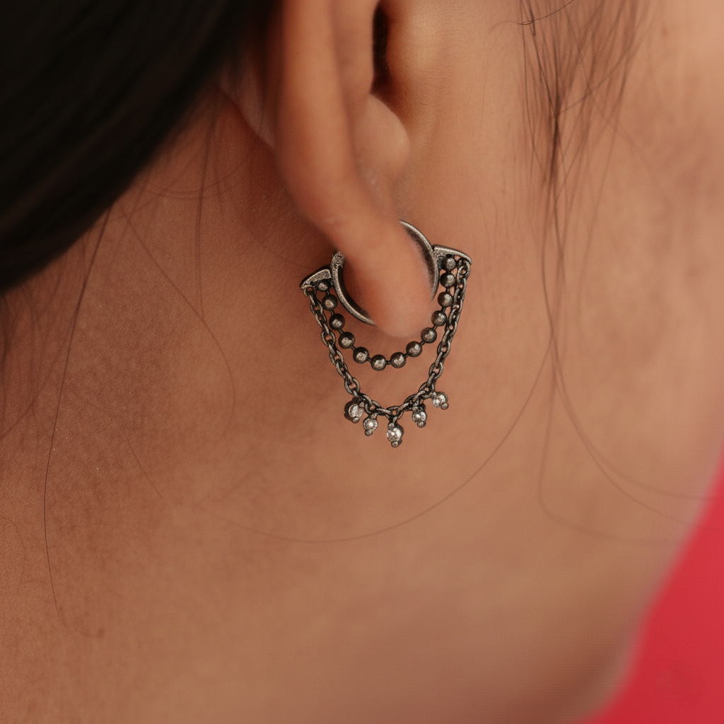 Silver Ear Hoop Moonlit Rain & Chain Design