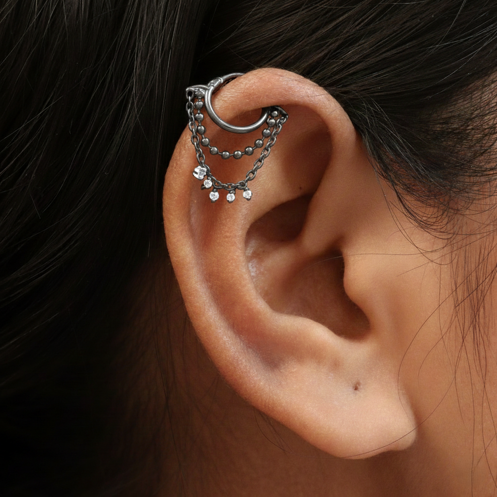 Silver Ear Hoop Moonlit Rain & Chain Design