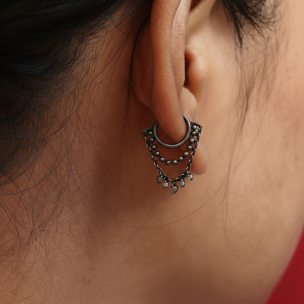 Silver Ear Hoop Moonlit Rain & Chain Design