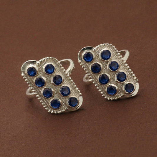 Silver Toe Ring Mosaic Sapphire Blue Design