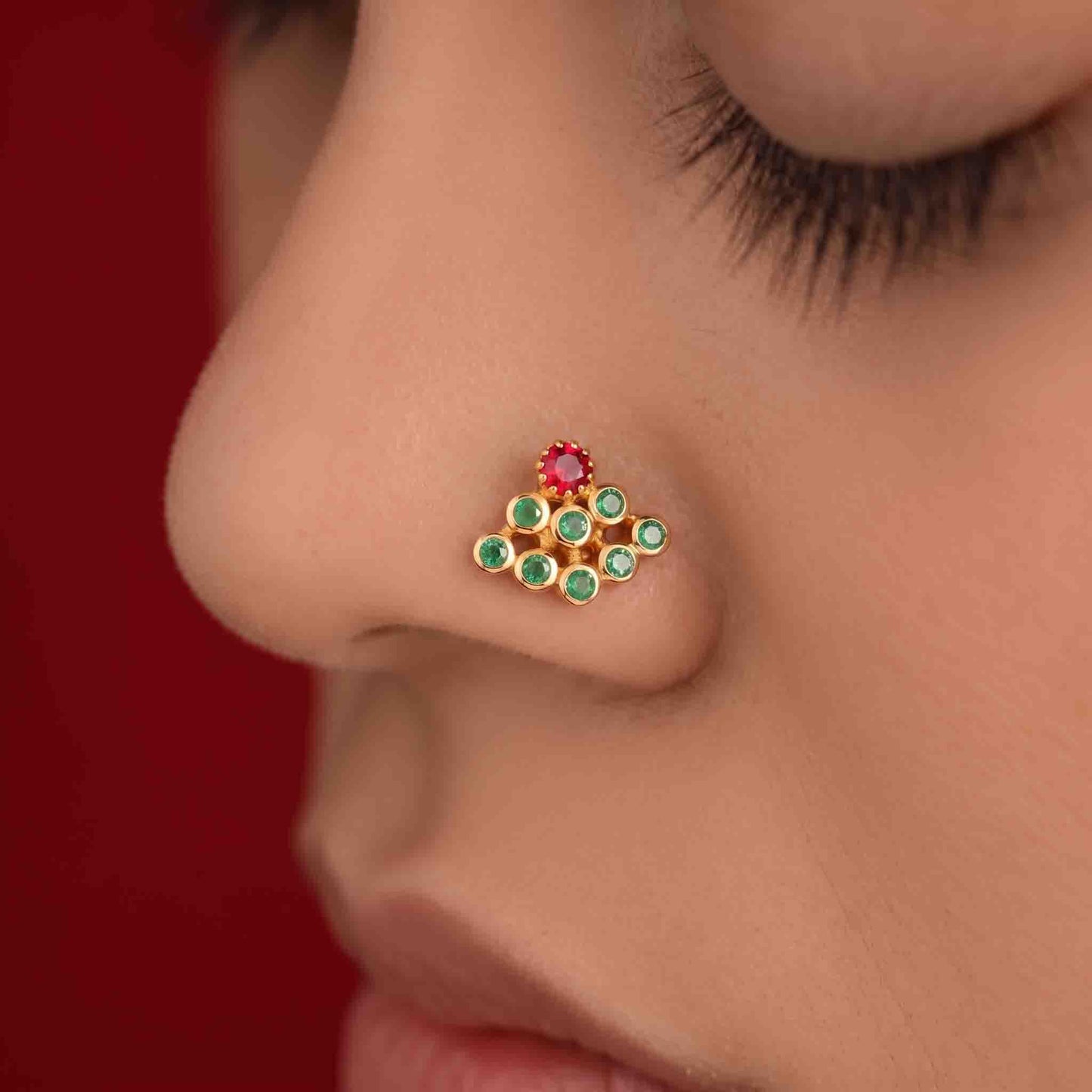 9 Stone Besari Red Ruby Stone Mookuthi Nosepin