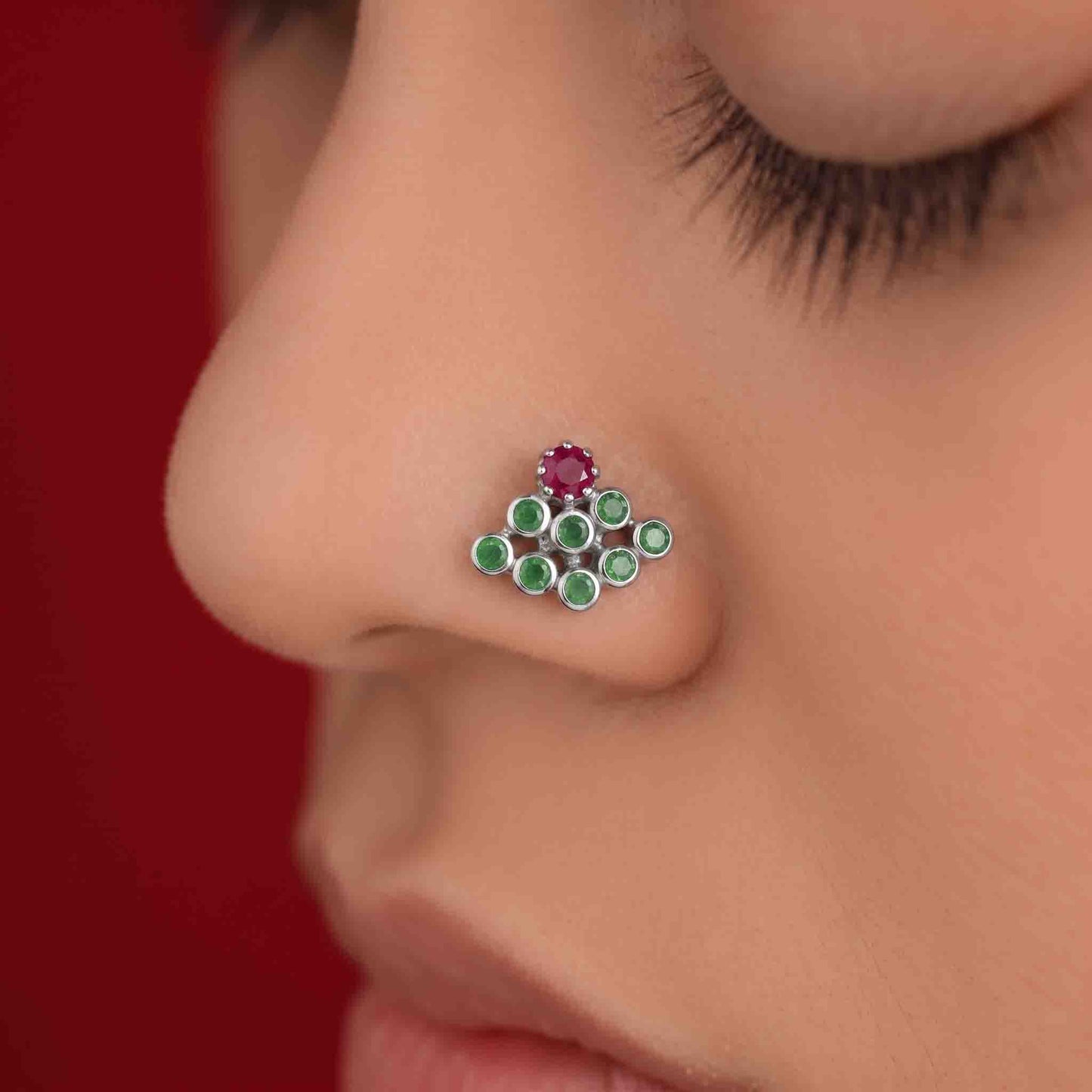 9 Stone Besari Red Ruby Stone Mookuthi Nosepin