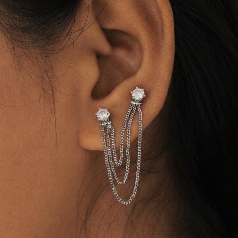 Silver Orbit Dual Piercing Chain Earrings