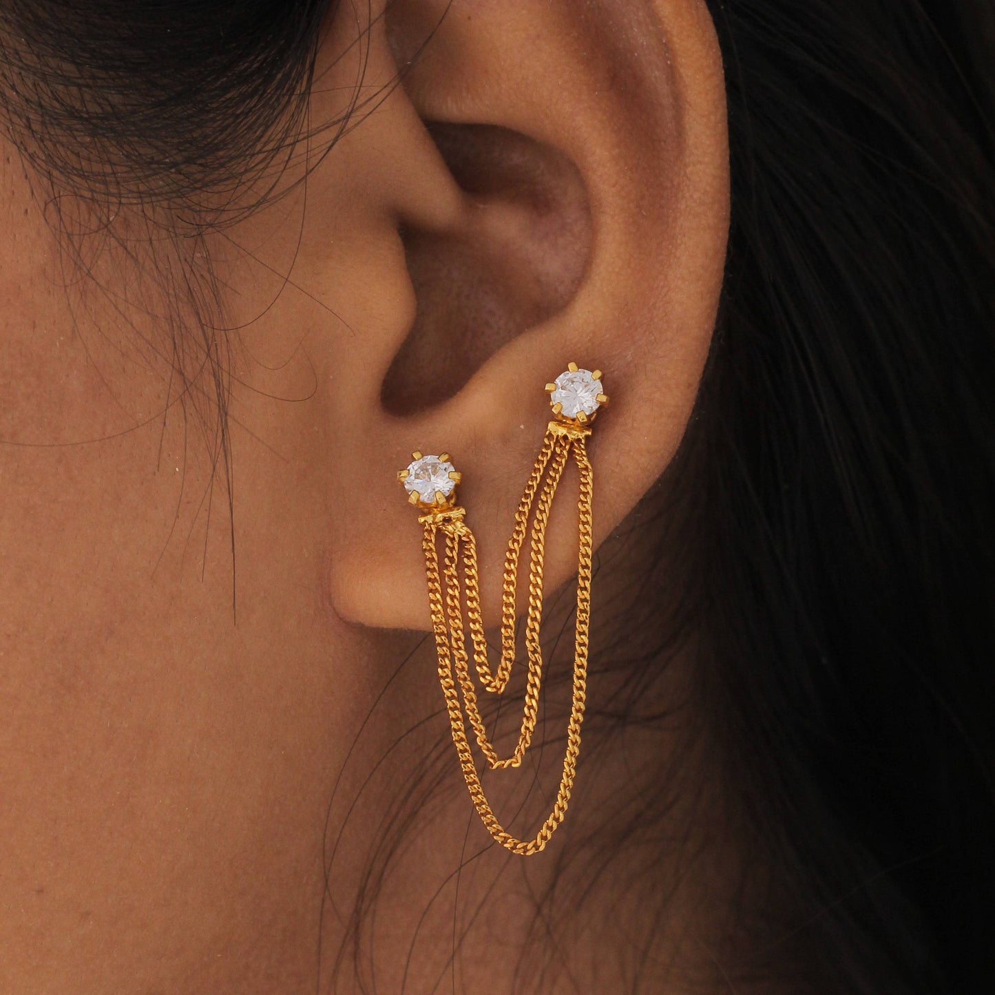 Silver Orbit Dual Piercing Chain Earrings