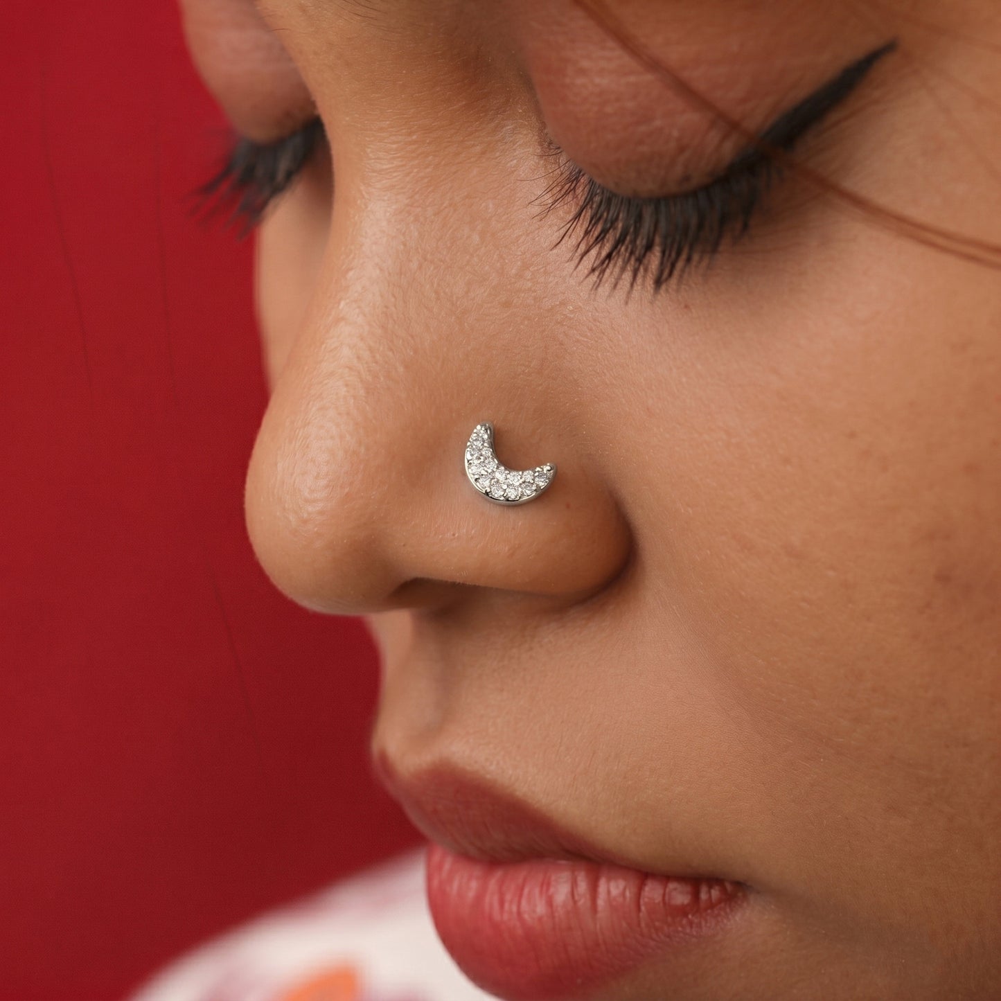 Silver Pave Crescent Moon Nosepin
