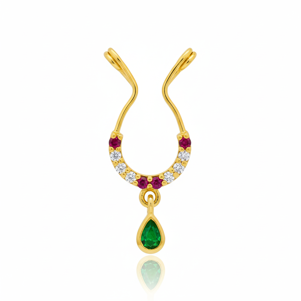 Silver Ratna Dhanush Septum With Emerald Drop