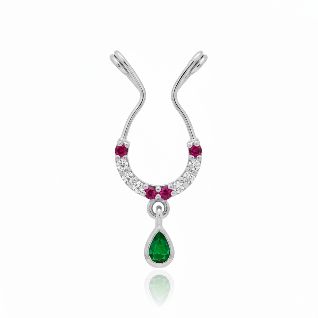 Silver Ratna Dhanush Septum With Emerald Drop