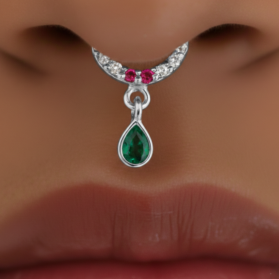 Silver Ratna Dhanush Septum With Emerald Drop