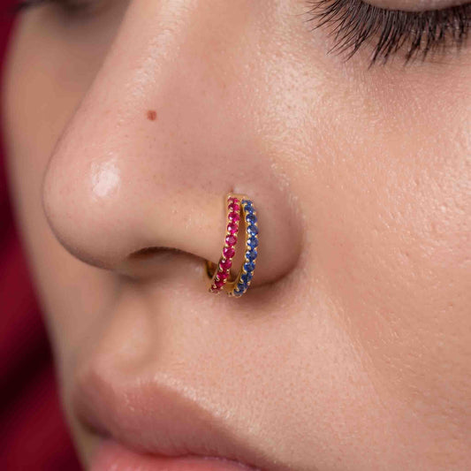 Silver Multi Color  Double Line Stone Set Nosering