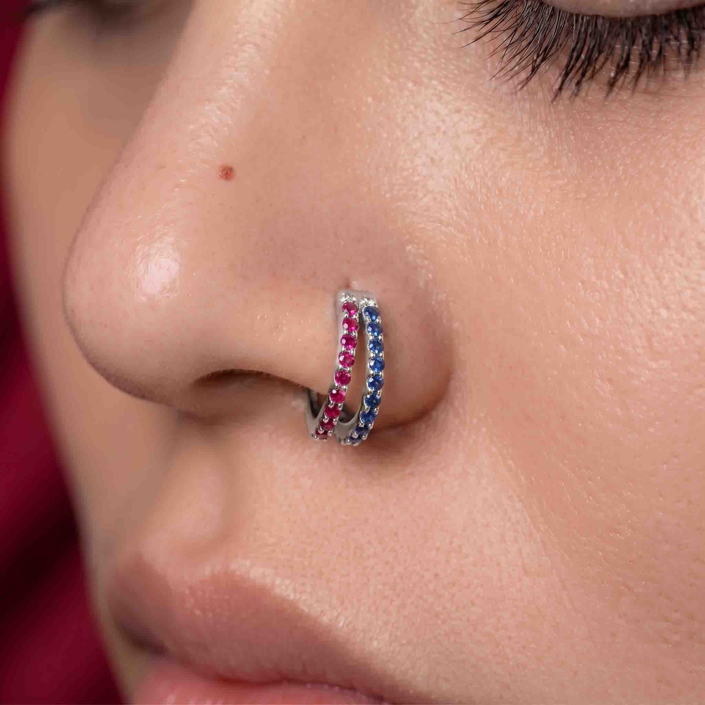 Silver Multi Color  Double Line Stone Set Nosering